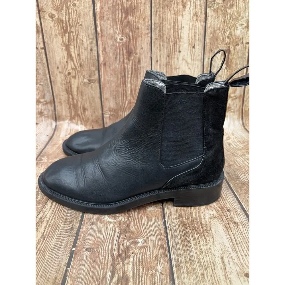Zara Woman Black Leather Suede Chelsea Ankle Boots Pull On Round Toe SIZE 5.5